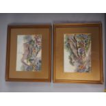 Leyton Forbes: a pair of watercolours, cottage gardens, 7" x 10", in gilt mounts and frames