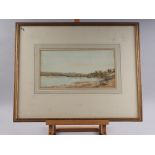 David Muirhead: watercolours, estuary with bridge, castle and distant windmill, 7 3/4" x 14 5/8", in