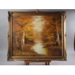 Pieves?: impasto oil on canvas, autumn landscape with river, 19 1/4" x 23 1/4", in gilt frame