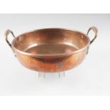 A late 19th century copper two-handle preserve pan, 13" dia