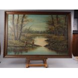 Louis: oil on canvas, fisherman in a woodland, 23 1/2" x 35 1/2", in lacquered frame