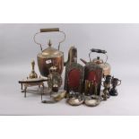 A copper kettle, a brass kettle, two trophies and other metalwares, etc