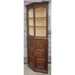 An oak shape front corner cabinet, the upper section enclosed two arch top glazed panel doors over