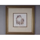 Judy Rossoaw: pen and wash sketch of a cat, 4 3/4" x 4 3/4", in strip frame