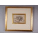 T? Bewick: pencil and wash landscape with figures (view of Cherryburn?), 3" x 4 1/2", in gilt frame