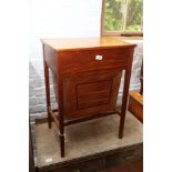 A 1930s satinwood and ebony strung work table with lift up lid, fitted interior and wall, in
