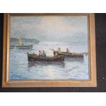 D O'Regan: oil on canvas, "Ireland 32", fishing smacks inshore, 19" x 23 1/2", in strip frame