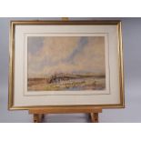 Follower of David Cox: watercolours, figure on a bridge, sheep watering, blind stamp "Dixons David