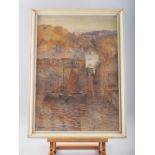 Edith Barrow: watercolours, Cornish fishing village, 24 1/2" x 17", in wood grain frame