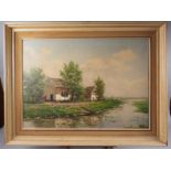 An oil on canvas, Dutch farm scene with distant windmill, 19" x 26 3/4", in line lined frame