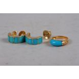 An Egyptian yellow metal and turquoise set ring, size L, 3.5g, and a similar pair of earrings, 7.6g