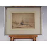English mid 19th century monochrome study, fishing boats coming ashore, 6 1/2" x 9 5/8", in silvered