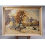 An oil on canvas, Parisian scene with Notre Dame Cathedral, indistinctly signed, 18 3/4" x 27 1/