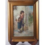 Gini?, Italian School: watercolours, young boy with grapes, 12 1/2" x 8", in gilt strip frame