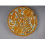 A 16th century Catalonian faience dish with bird decoration, ex Anthony Belton collection, 9 3/4"