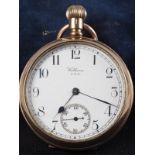 A Waltham 9ct gold cased pocket watch with white enamel dial, Arabic numerals and subsidiary seconds