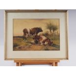 T S Cooper, 1881: watercolours, bull, cow and calf in landscape, 8 1/2" x 12 5/8", in gilt frame