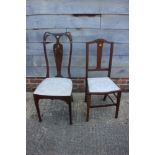 An Art Nouveau mahogany mother-of-pearl and fruitwood inlaid side chair with shaped splat and