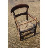 A Regency black japanned side chair with cane seat (for restoration) and a child's bar back elbow