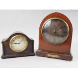 An Edwardian mahogany, box and ebony strung arch top mantel clock with eight-day movement, 10" high,