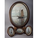Chris Williams: watercolours, fishing boat at sea, 24" x 16 1/4", in wooden oval frame, and three