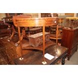 An early 20th century mahogany box and ebony strung bowfront two-tier side table, 36" wide x 18"