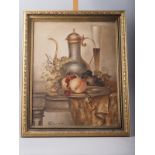 Russian late 20th century School: oil on canvas, still life with fruit and ewer, 22" x 17 1/2", in