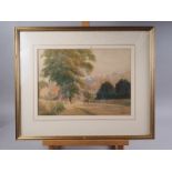 R H Bailiey, 1922: watercolours, village scene with cart and figures, 9 1/2" x 13 1/2", in gilt