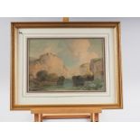 Percy Lancaster: watercolours, river landscape with gorge and cliffs, 9" x 13", in gilt frame