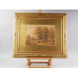 David Cox: watercolours, figures under a tree by a track, 10" x 14", in gilt mount and frame