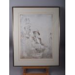 Jurgen Gorg: a limited edition print, seated man with hat and figures, 101/190, in metal strip frame
