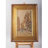 Ernest Parkman: watercolours and bodycolour, late 19th century street scene, 17" x 9 3/4", in gilt