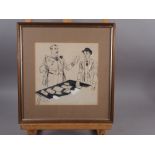 Helen McKie: four black and white cartoons, three titled in pencil, 10" x 10", in brown frames,