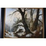 Delvaux: oil on canvas, winter scene, 25 1/4" x 31 1/2", in ebonised frame