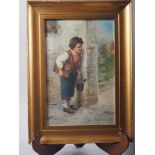 Gini?, Italian School: watercolours, young boy with grapes, 12 1/2" x 8", in gilt strip frame