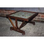 A rosewood framed occasional table with glazed needlepoint top, on turned supports, 20 1/2" square x