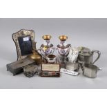 Four silver plated bridge pencils, plated teasets, a cigarette box, etc