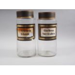 A pair of chemists' glass jars, labelled "Cetraria Islandica" and "Cinchona Succirabra", metal