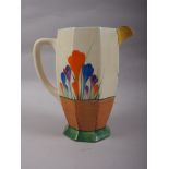 A Clarice Cliff "Bizarre" pattern hexagonal jug, decorated crocus, 7" high