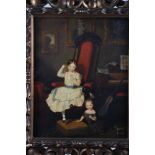 19th century English school: oil on canvas laid board, a naive painting of two young children, 13" x