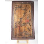 A Chinese painted panel, figures in a landscape, 38 1/4" x 21 3/4", in strip frame