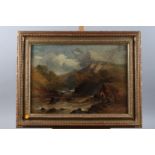 An English 19th century oil on canvas, fishermen on a Highland river, 14 1/2" x 20 1/2", in gilt