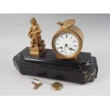 A 19th century gilt mounted mantel clock with figure and artist's palette and eight-day movement, by