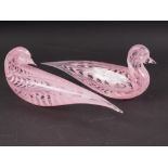 A pair of Murano pink and clear glass birds, base engraved "Cenedese"