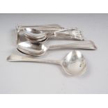 A number of silver spoons, a silver pusher, 4.8oz troy approx and a silver plated pusher