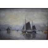 A 20th century oil on board, port scene with Thames barge and steamer at dusk, 28 1/2" x 44", in