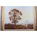 E B Watson: oil on canvas, autumn landscape with figure on a track, 18 1/2" x 23", in gilt frame,