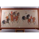 A Chinese watercolour, traders on horseback with inscription and seals, 24" x 49 1/4", in wood frame