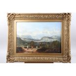 A 19th century oil, figure with dog and cattle on a road, Lake District?, 13" x 19", in gilt frame