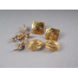 Two pairs of 18ct gold earrings, 12.7g, and a pair of 9ct gold earrings, 4.5g, various designs
